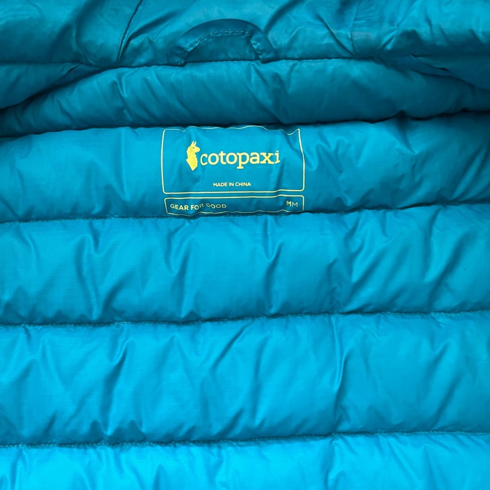 ‼️SOLD‼️ Cotopaxi Men's Fuego Hooded Puffer Jacket - Olive, Navy & Teal Stripes - Picture 9 of 11